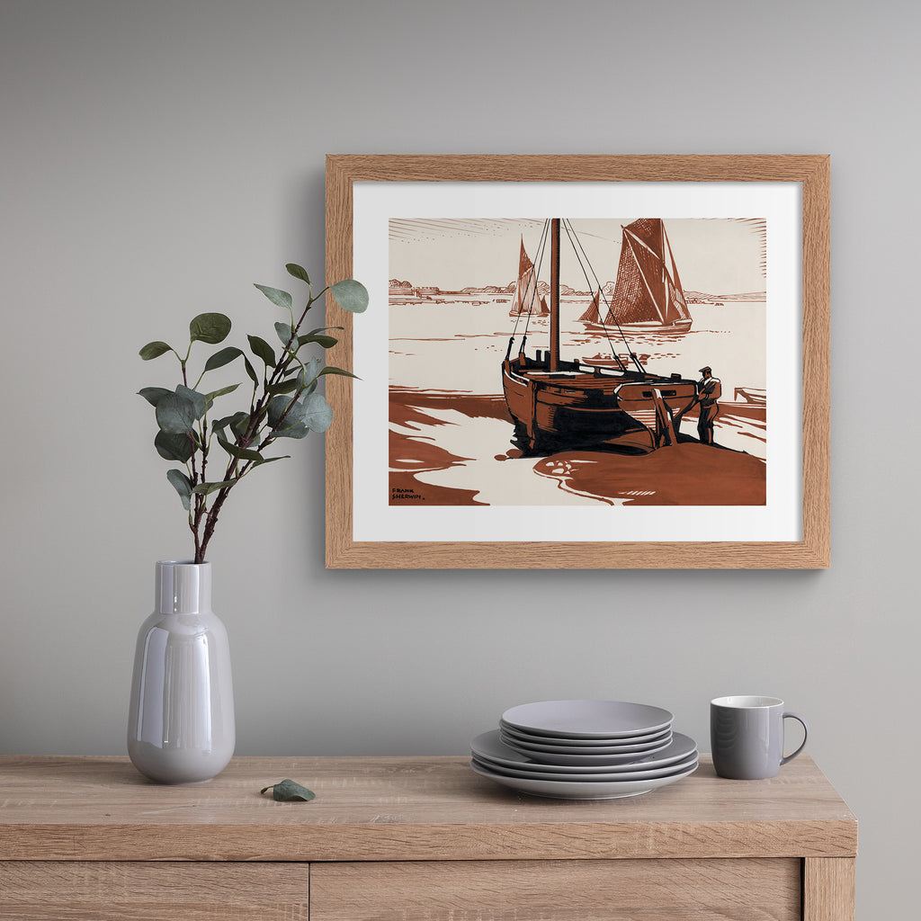 Classical watercolour art print featuring boat near a shoreline, hung up on a beige wall.