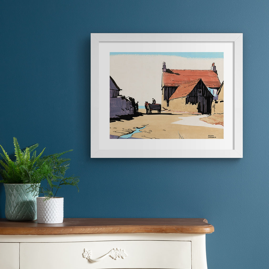 Classical watercolour art print featuring a horse drawn carriage ambling through an old town, hung up on a blue wall.