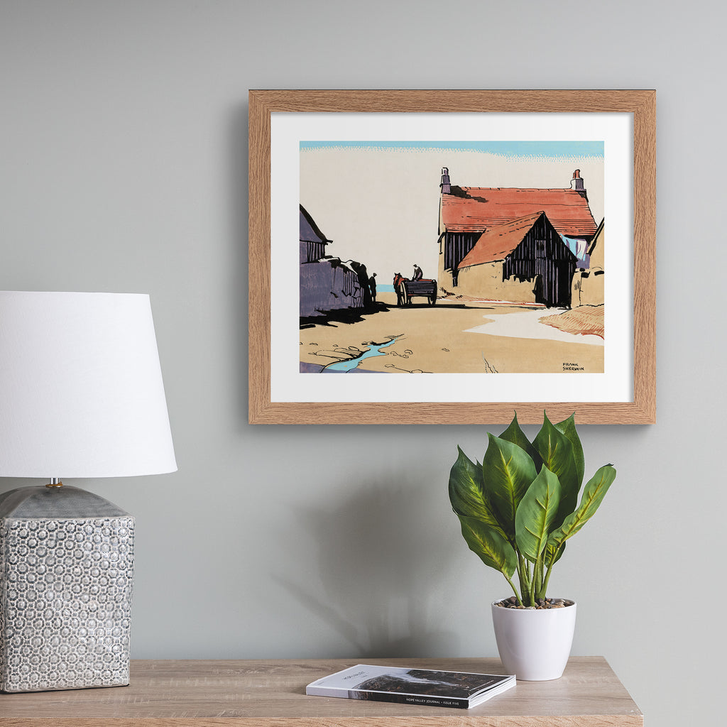 Classical watercolour art print featuring a horse drawn carriage ambling through an old town, hung up on a beige wall.