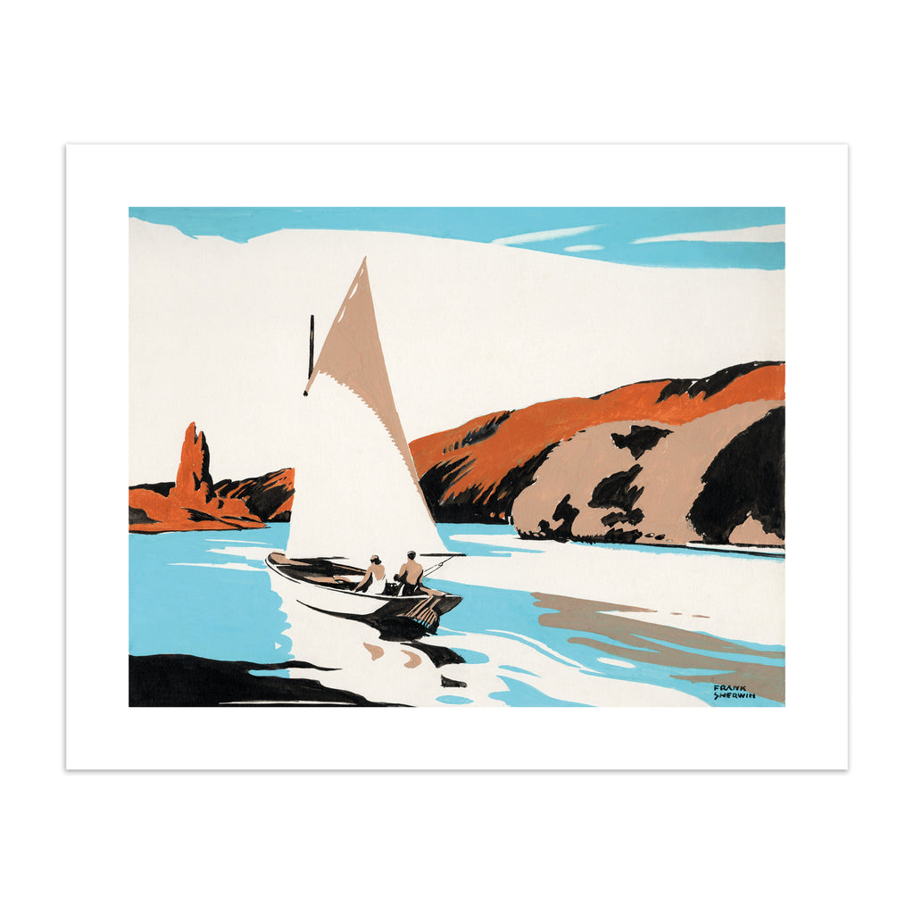 Classical watercolour art print featuring a sailboat heading along a shore.