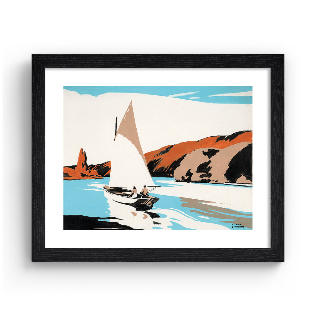 Classical watercolour art print featuring a sailboat heading along a shore, in a black frame.