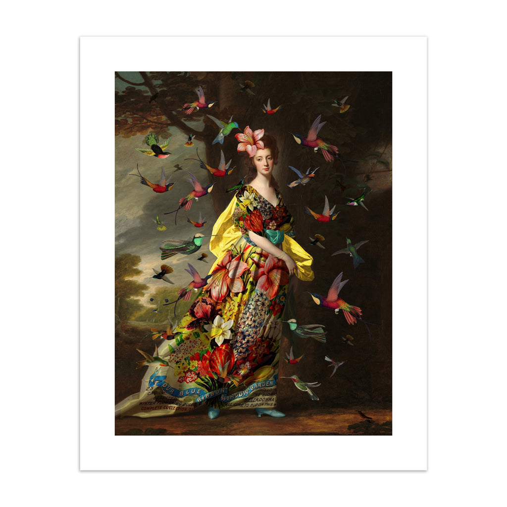Vibrant art print featuring birds flocking around a woman dressed in bright yellow floral packaging.