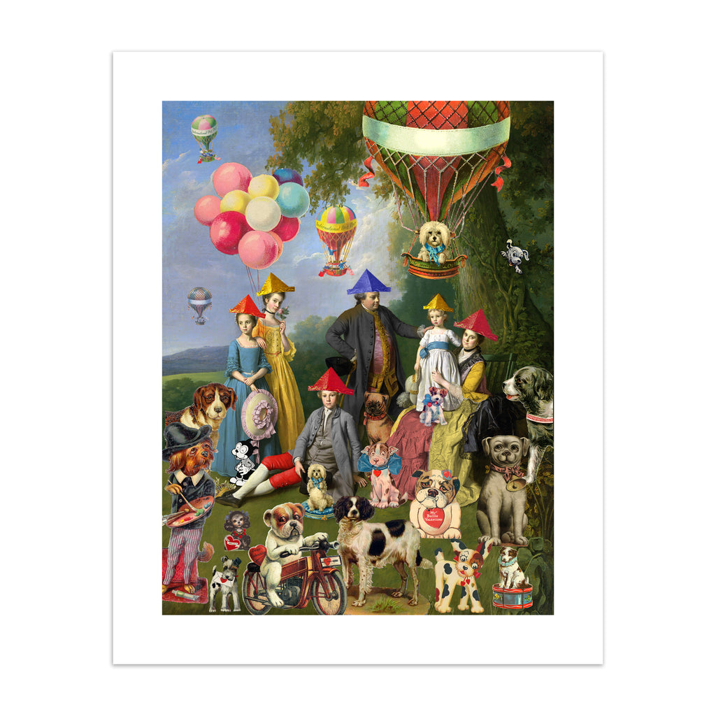Vibrant art print featuring a 'dog picnic' of people, dogs and characters on a lawn.