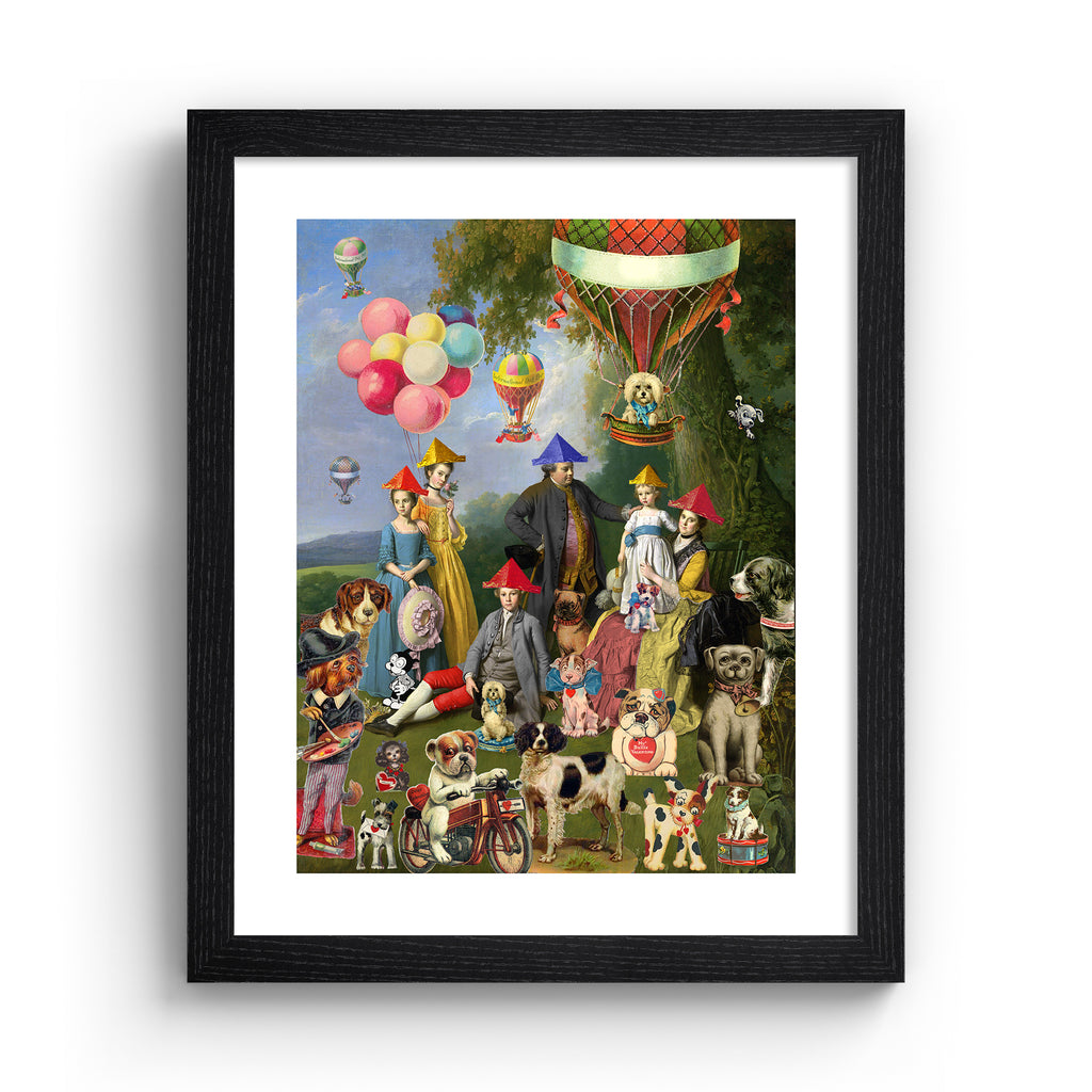 Vibrant art print featuring a 'dog picnic' of people, dogs and characters on a lawn. Art print is in a black frame.