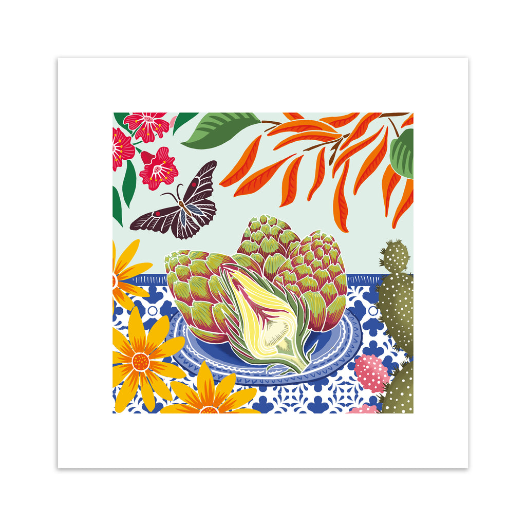 Art print of artichokes on a floral table surrounded by flowers and a butterfly.