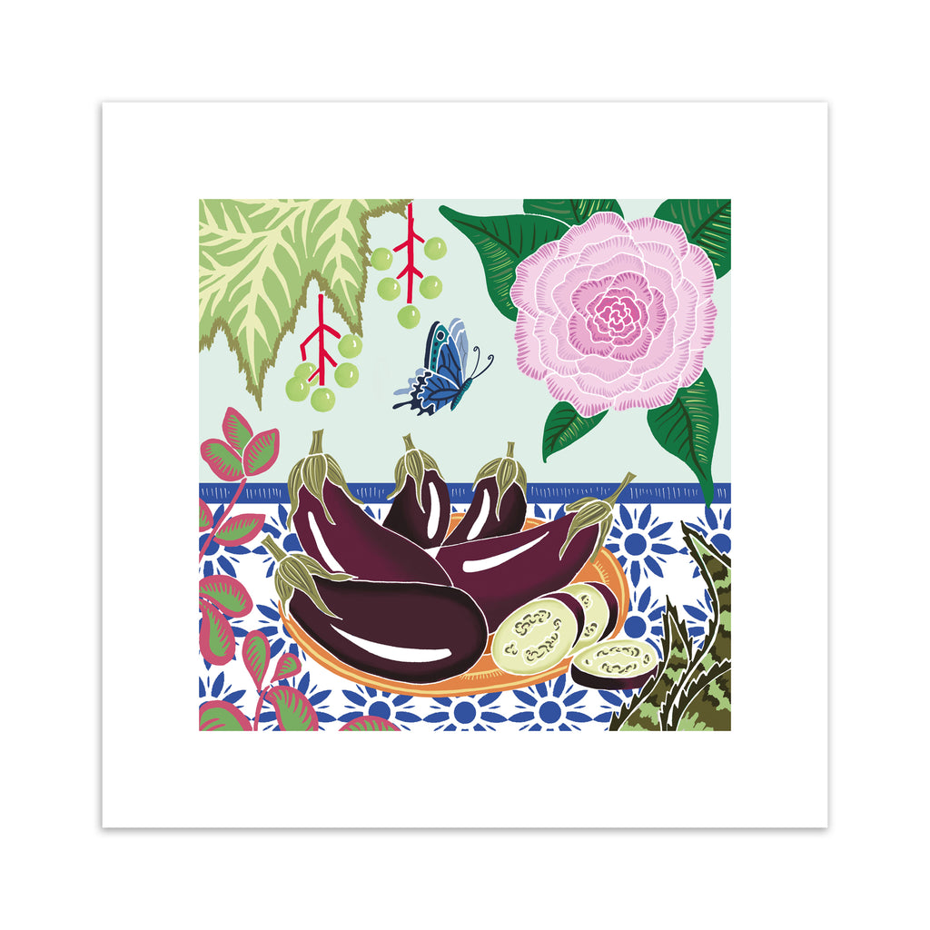 Art print of a plate of an aubergines surrounded by flowers and a butterfly.