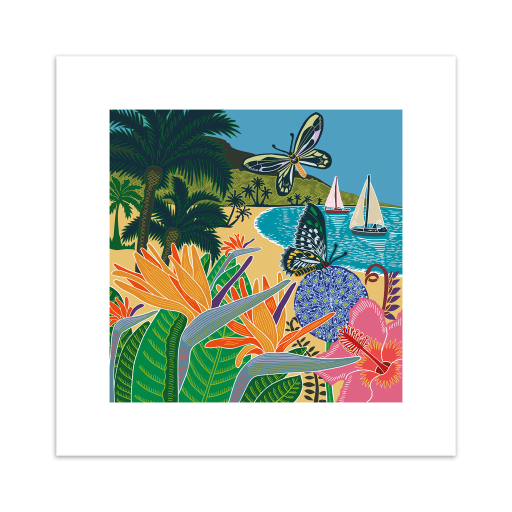 Art print featuring butterflies flitting over a tropical beach with sailboats in the bay.