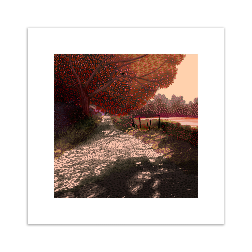 Autumnal art print of a path surrounded by red and orange trees and foliage.
