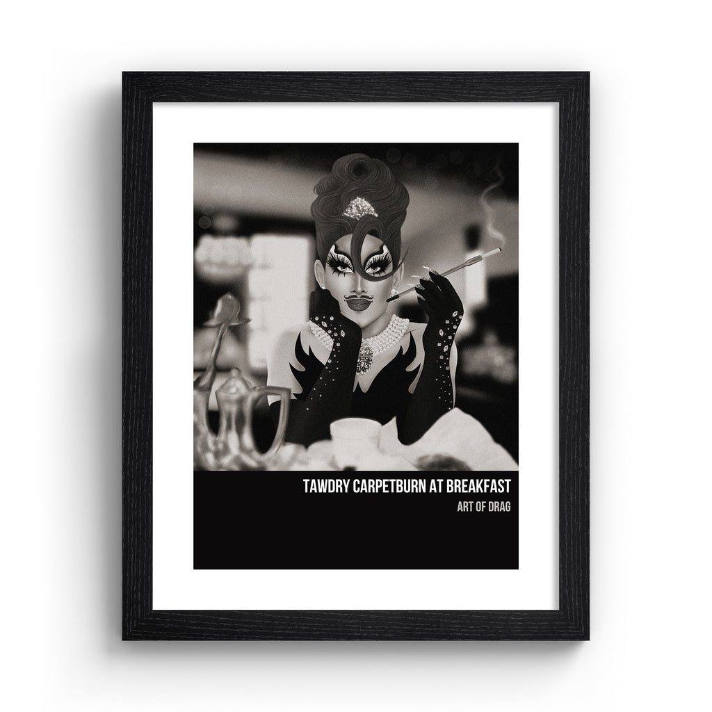 Reimagined art print featuring a Drag Queen posing as a recreation of an iconic shot, in a black frame.